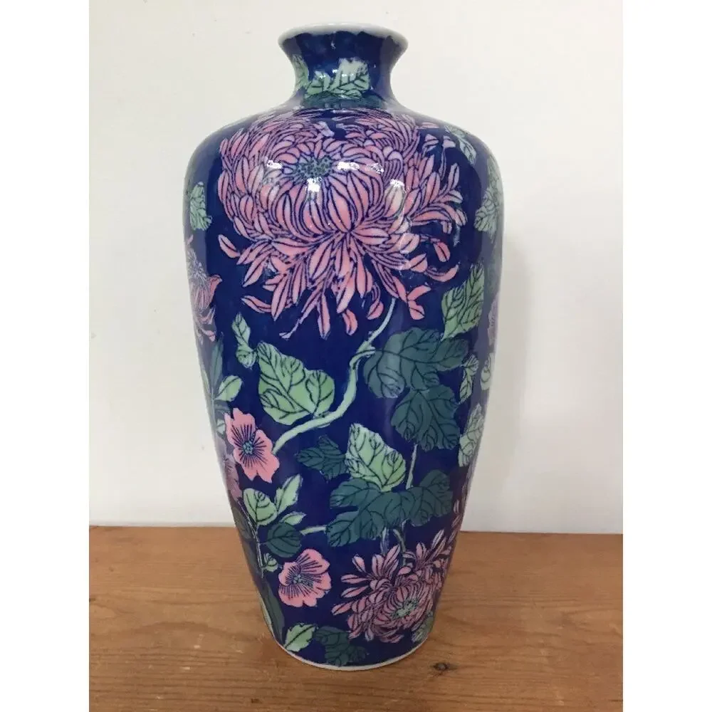 Vintage Chrysanthemum Blue Pink Chinese Handpainted Porcelain Urn Jar Vase 12